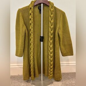 PURE Handknit Retro Cardigan Cotton Sweater Braided Trim Tight Knit Womens M/L